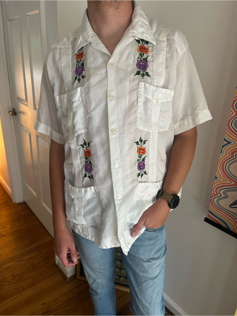 Men's White Embroidered Short-Sleeve Guayabera Shirt